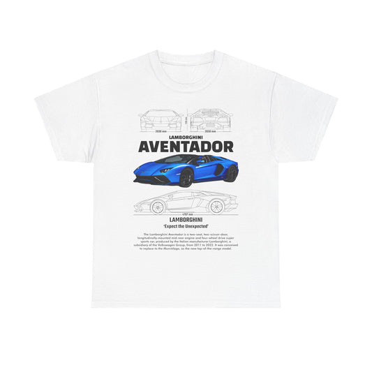 Luxurious men's Lamborghini Aventador graphic tee featuring a striking blue sports car design with technical dimensions and the phrase 'Expect the Unexpected', set against a pristine white backdrop.