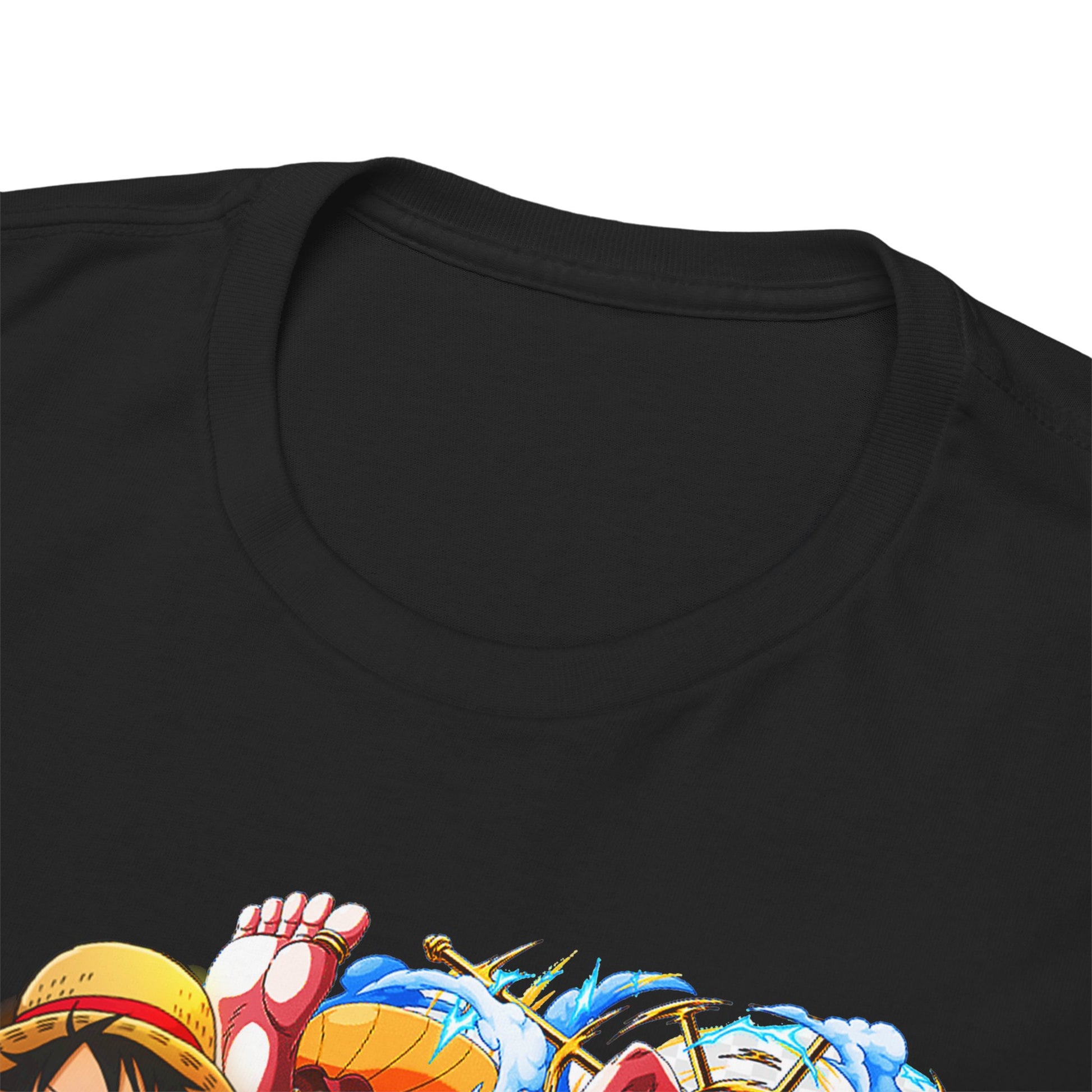 Close-up view of the neckline and intricate anime artwork on a black t-shirt, showcasing luxurious fabric quality and vibrant character designs beloved by fans.