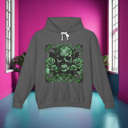 Fashion-forward Skull and Roses Lightweight Hoodie in dark grey, displaying a bold skull design surrounded by roses, an edgy statement piece for any wardrobe.