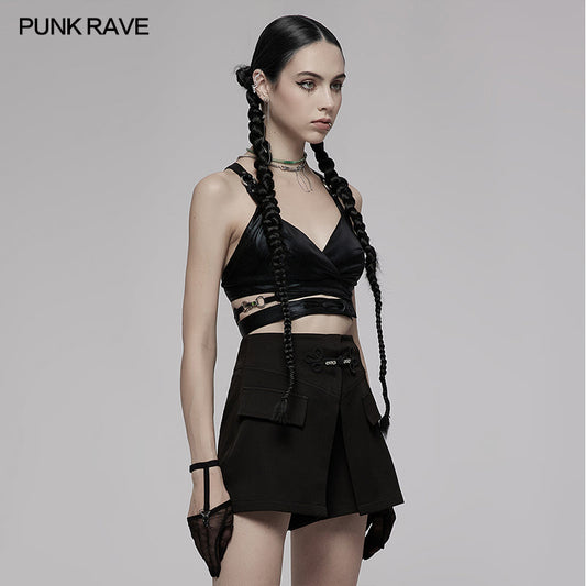 Elegant black PUNK RAVE Nyx Faux Leather Crop Top featuring cross back straps, perfect for a chic rebel look.