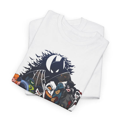 Gotham Vibes Batman DC Comics Graphic T-Shirt in white, elegantly folded, revealing intricate graphics of Batman and Gotham City characters, a must-have for discerning fans and collectors.