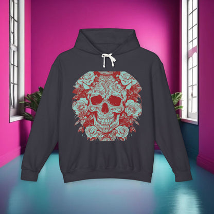 Front view of the Skull and Roses Lightweight Hoodie featuring a striking skull and roses graphic, ideal for edgy fashion lovers.