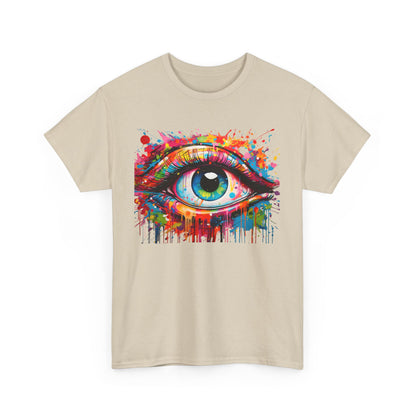 Front view of the Visionary Drip Luxe Tee in a cream hue, featuring a colourful eye graphic that captures artistic imagination.