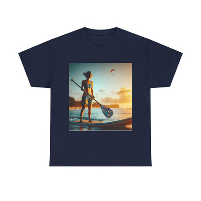 Luxurious Delightfull Paddle Board Scene T-Shirt in various sizes up to 5XL, designed by Dazzling Dreams Studio for outdoor adventure lovers.
