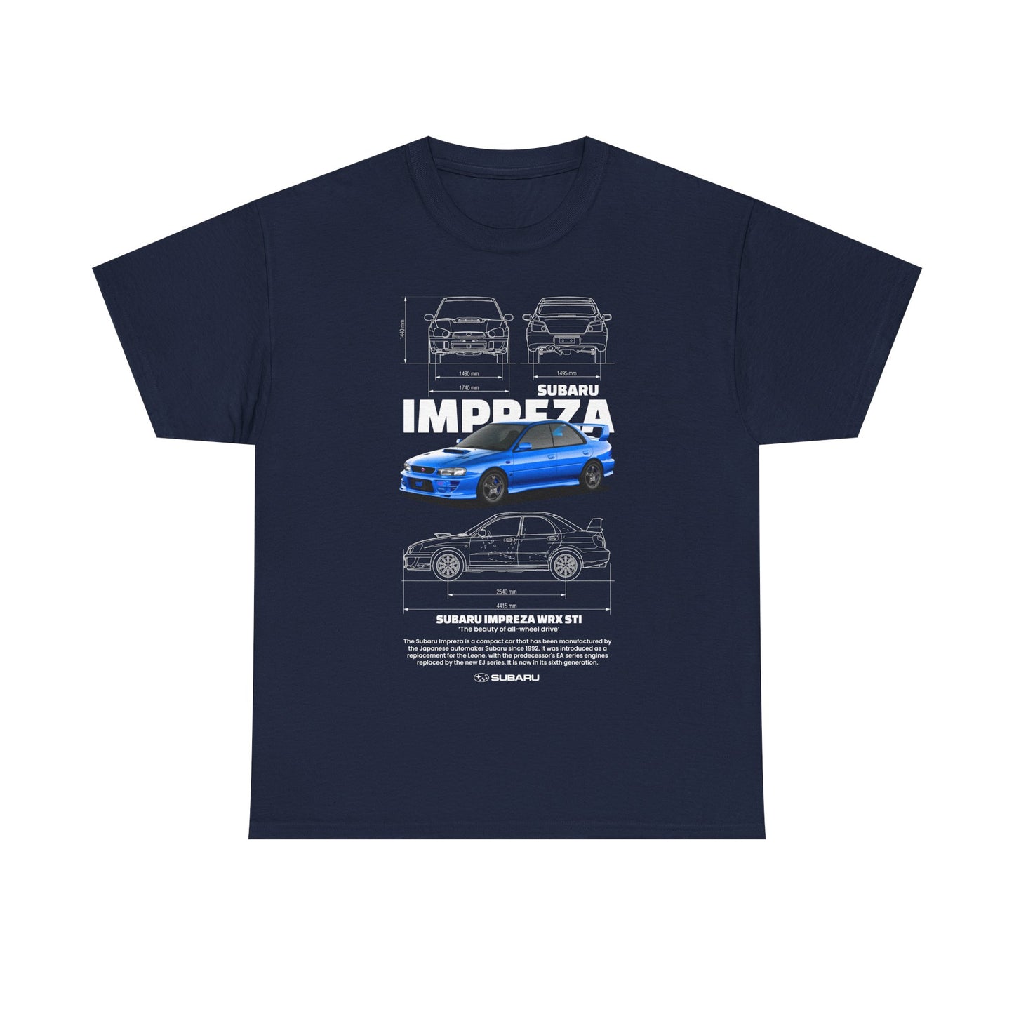 Luxurious navy men's t-shirt adorned with a refined graphic of the Subaru Impreza WRX STI, including precise dimensions and artistic renderings, a statement piece for car aficionados.