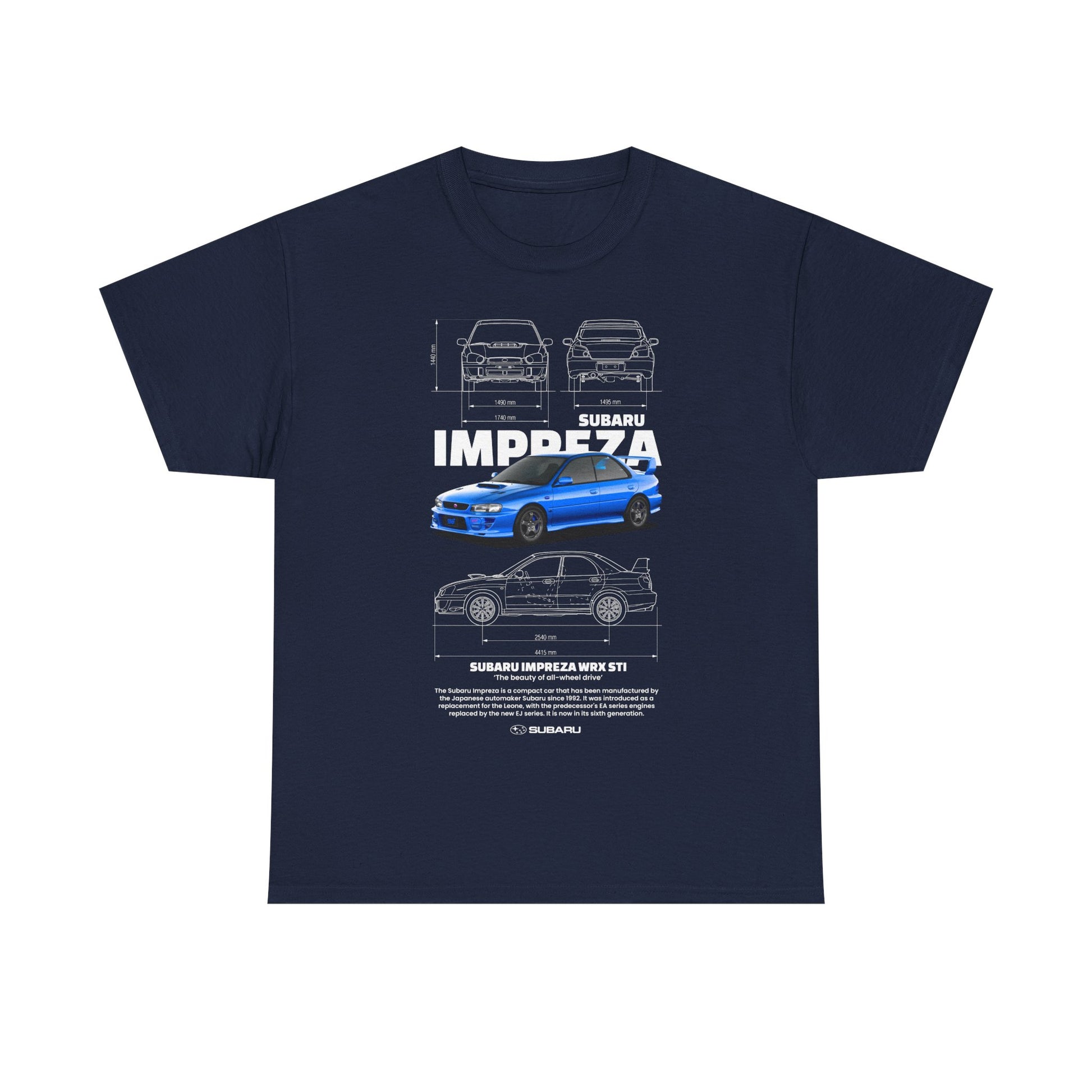 Luxurious navy men's t-shirt adorned with a refined graphic of the Subaru Impreza WRX STI, including precise dimensions and artistic renderings, a statement piece for car aficionados.