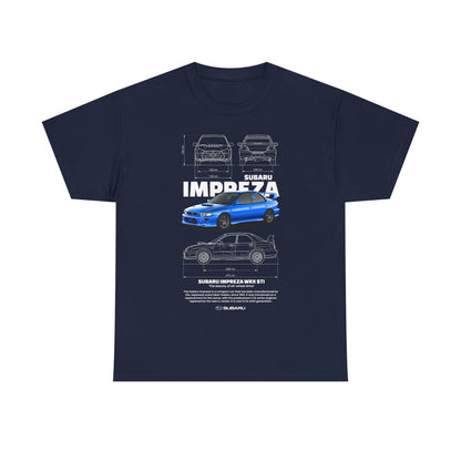 Luxurious navy men's t-shirt adorned with a refined graphic of the Subaru Impreza WRX STI, including precise dimensions and artistic renderings, a statement piece for car aficionados.