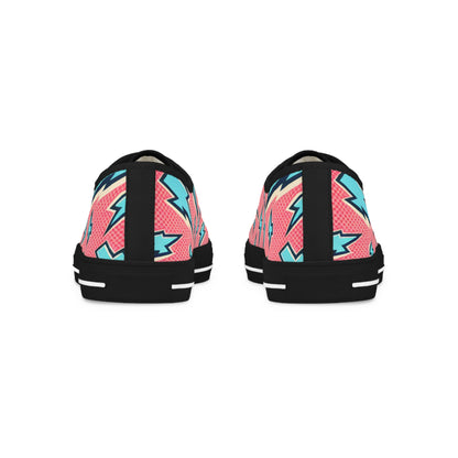 Close-up of the vibrant pink canvas and pale blue lightning bolts on Zara Thunderstrike Low Top Sneakers, showcasing luxurious pop art aesthetics by Printify.