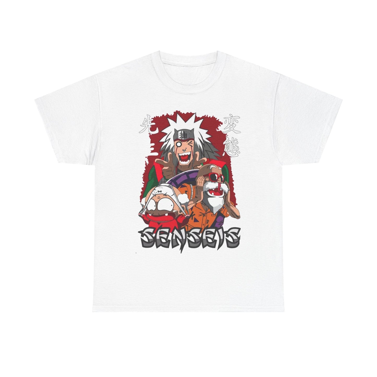 Elegant white anime graphic t-shirt showcasing dynamic characters with expressive faces, designed with a trendy and artistic flair for anime lovers.