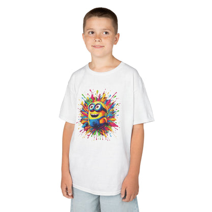 Charming young boy modelled in a Minion Paint Splash T-shirt, illustrating a fun and colourful design suitable for modern children's attire.
