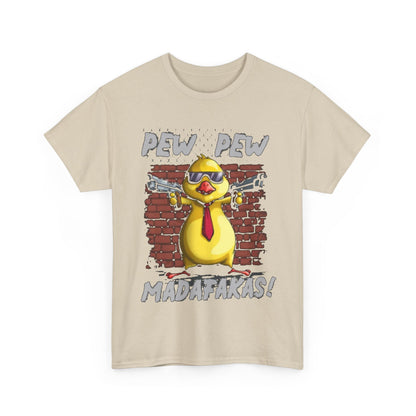 Luxurious graphic t-shirt featuring a bold cartoon chicken styled as a gangster, displaying sunglasses and a red tie against a vintage brick wall backdrop, with the playful text 'PEW PEW MADAFAKAS!' in an artistic design.