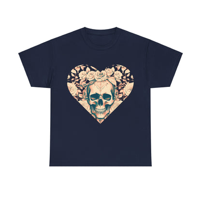 Front view of the Skulls and Roses Cotton Tee featuring a stunning steampunk-inspired design with a skull and roses motif on a navy background.