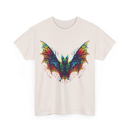 Front view of the Radiant Evolution Bat Tee - Unisex Cotton Tee with a captivating, colourful bat graphic, embodying artistic expression and modern style.