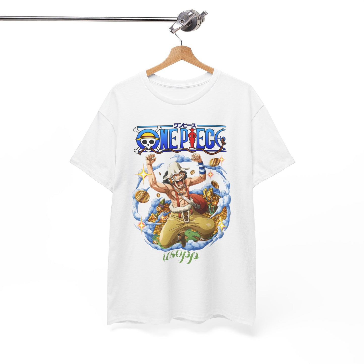 Elegant presentation of the Usopp men's t-shirt with an illustrated design from One Piece, accentuated by colours and imagery that celebrate the anime.