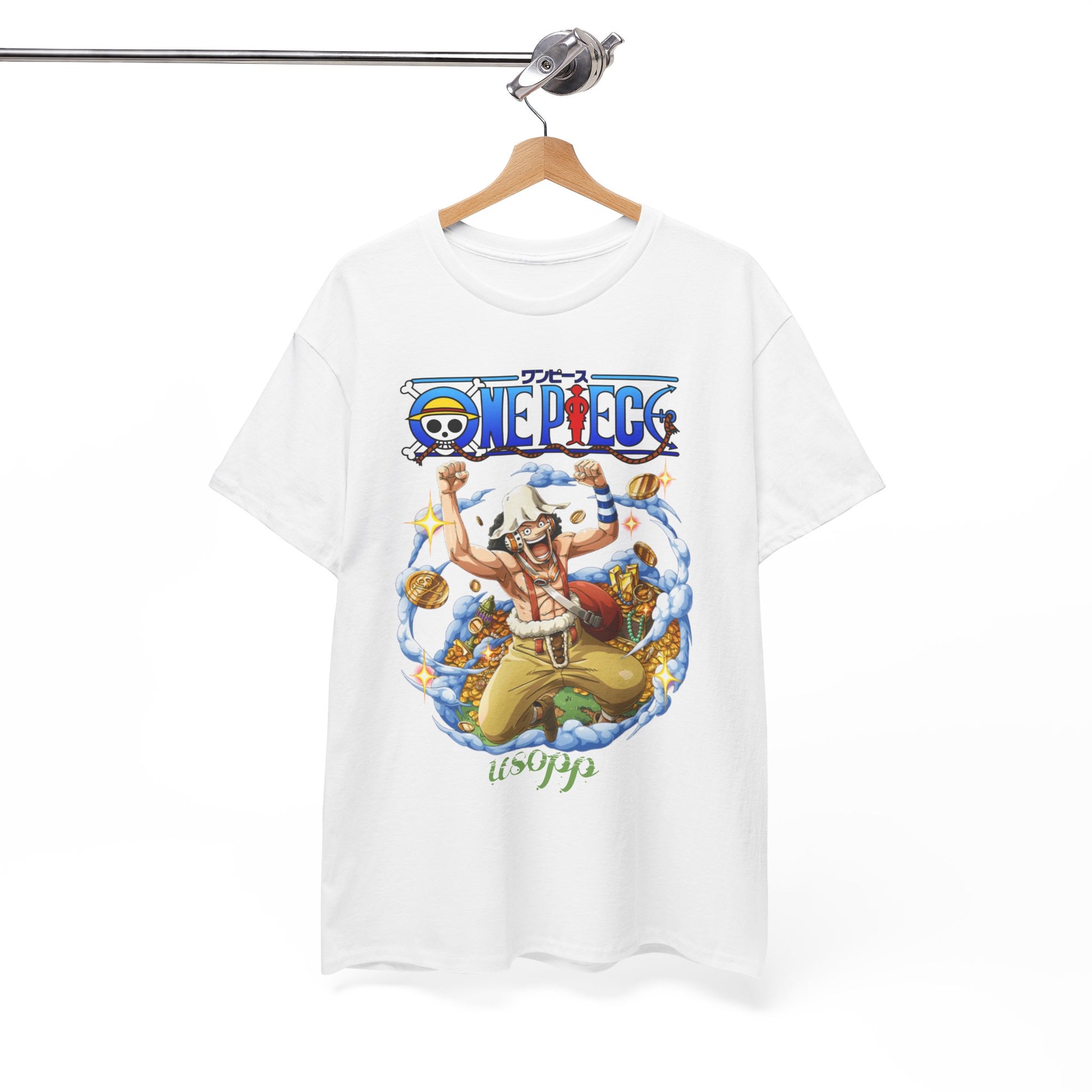 Elegant presentation of the Usopp men's t-shirt with an illustrated design from One Piece, accentuated by colours and imagery that celebrate the anime.
