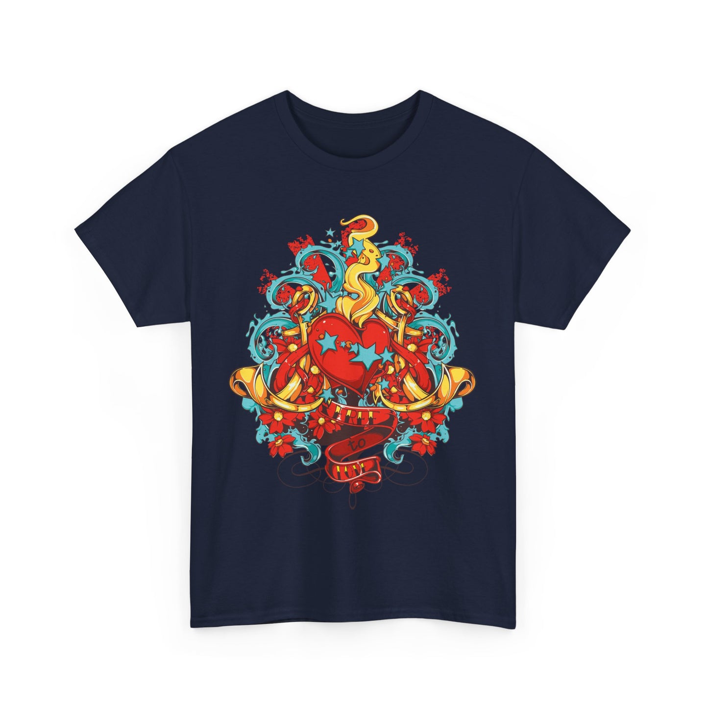 Artistic front view of a navy blue men’s t-shirt adorned with a vibrant, whimsical heart design and elaborate colourful artwork, expressing individuality and creativity.