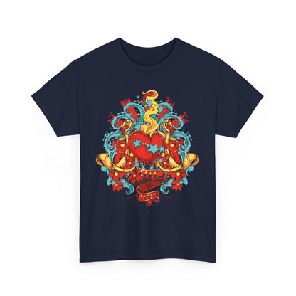 Striking front view of a navy men's t-shirt, featuring a vibrant heart design and artistic graffiti artwork, a true statement piece.