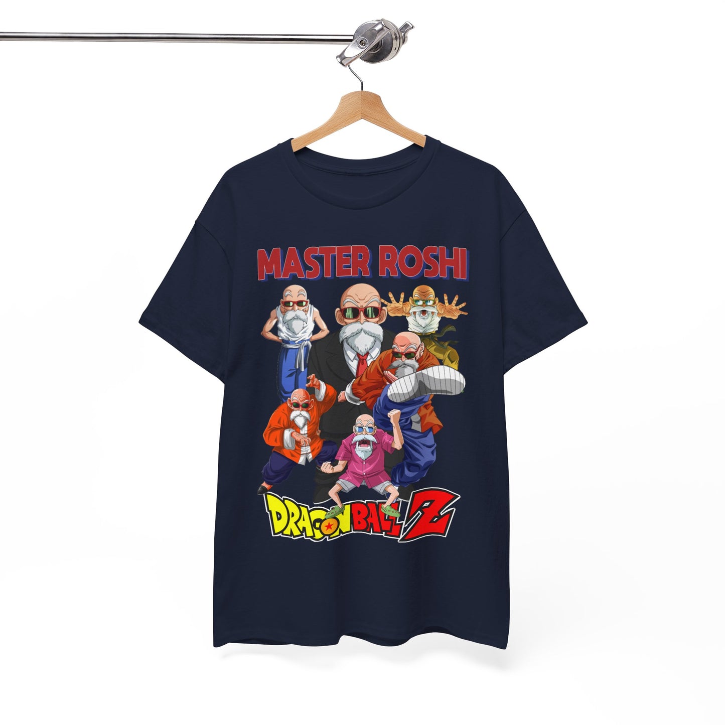 Artfully presented Dragon Ball Z Master Roshi T-shirt crafted for fans, showcasing vivid graphics of Master Roshi on a luxurious navy fabric.