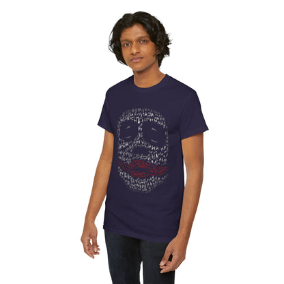 Sophisticated portrait of a model in a navy blue Joker-themed t-shirt, embodying a chic urban style with a playful nod to iconic cinematic villains.
