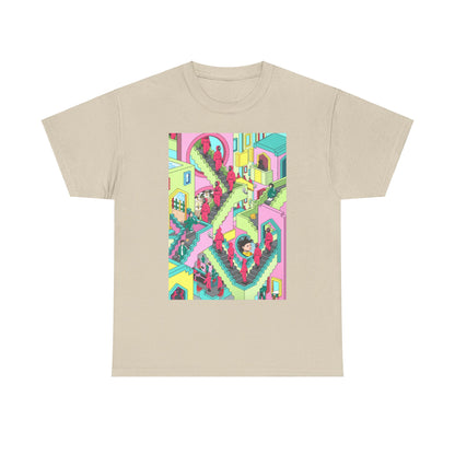 Stylish and artistic Squid Game-themed cotton t-shirt showcasing a vibrant design with whimsical characters and elaborate staircase illustrations.
