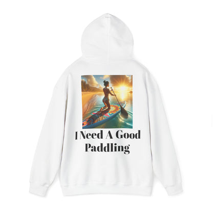 Refined Fantasy Paddleboarding Unisex Hooded Sweatshirt in white, featuring a stunning paddleboarding design with 'I Need A Good Paddling' text, ideal for adventurous spirits.