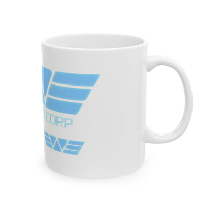 Eye-catching Weyland Corp Alien Retro Ceramic Coffee Mug, ideal for sci-fi fans to enjoy their favourite hot drinks during alien movie marathons.