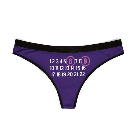 Front view of the luxurious Cheeky Playful Thong adorned with a playful 69 design on a rich purple fabric, perfect for adding cheeky elegance to your lingerie collection.
