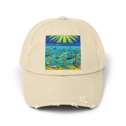 Unisex Distressed Paddleboarders Cap featuring a lively paddleboarding image against a sunny backdrop, designed for luxury and protection for water lovers.