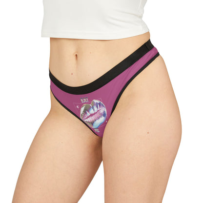 Chic women's thong designed with a vibrant pink colour and a captivating holographic lip motif, exuding sensuality and style.