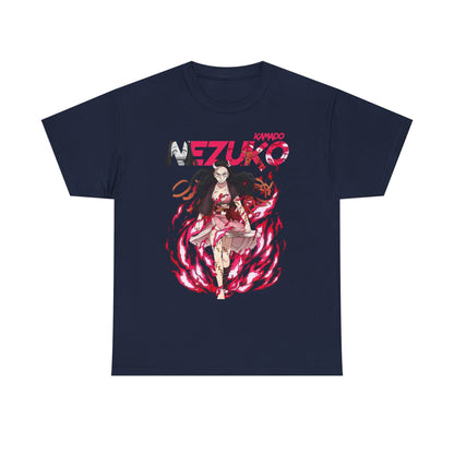 Sophisticated navy T-shirt presenting a bold Nezuko Kamado graphic, combining vivid artistry and anime culture for trendy individuals.