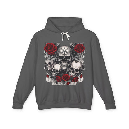 Front view of a Unisex Lightweight Hooded Sweatshirt displaying a unique designer skull and roses design, ideal for a fashionable wardrobe.