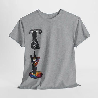 Duality Dreams Unisex Graphic T-Shirt in grey, prominently displaying the bold artistic floral design with silhouettes, perfect for making a luxury fashion statement.
