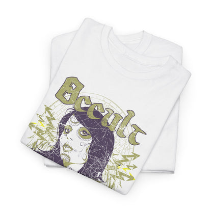 Stylish folded white men's graphic t-shirt displaying a striking Day of the Dead skull design, accentuated with whimsical snake illustrations and modern typography.