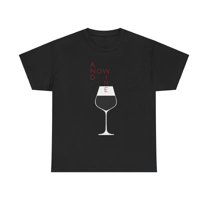 Elegant black graphic tee for women showcasing the 'And Now Wine' slogan with a sophisticated wine glass motif, ideal for relaxed social occasions.