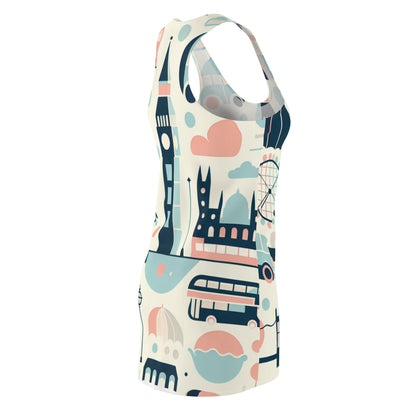 Elegant Valeria Cavalli London Racerback Dress capturing London's essence with vintage buses and famous landmarks.