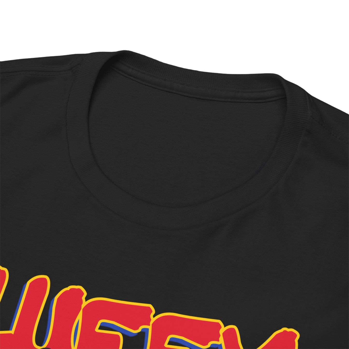 Close-up of the luxurious black T-shirt's neckline, highlighting soft cotton fabric and stylish graphic print, perfect for anime enthusiasts.