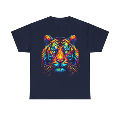 Tiger's Whimsy Graphic Tee - Unisex Artistic Shirt displaying a striking multicoloured stylised tiger head design on a navy background.