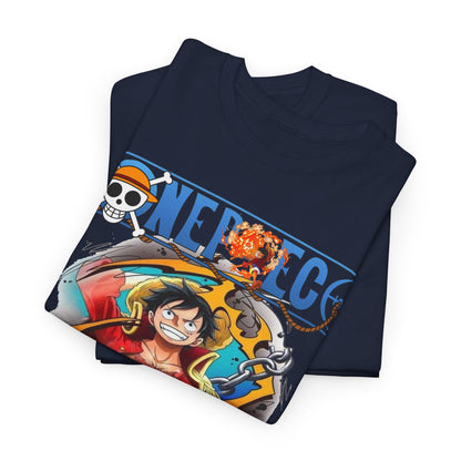Stylishly folded navy blue One Piece t-shirt featuring an artistic design of Monkey D. Luffy, highlighting the vibrant graphics and bold branding for discerning fans.