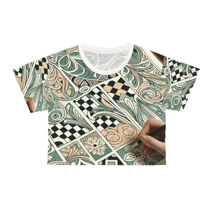 Luxurious pastel green tee from Dazzling Dreams Studio, showcasing intricate checkerboard design and organic motifs of the Vivienne Belmont Crop Top.