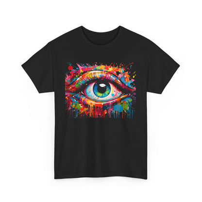 Chic black version of the 'Visionary Drip' graphic T-shirt featuring an eye design in vibrant colors, showcasing its artistic flair on a clean, white background.