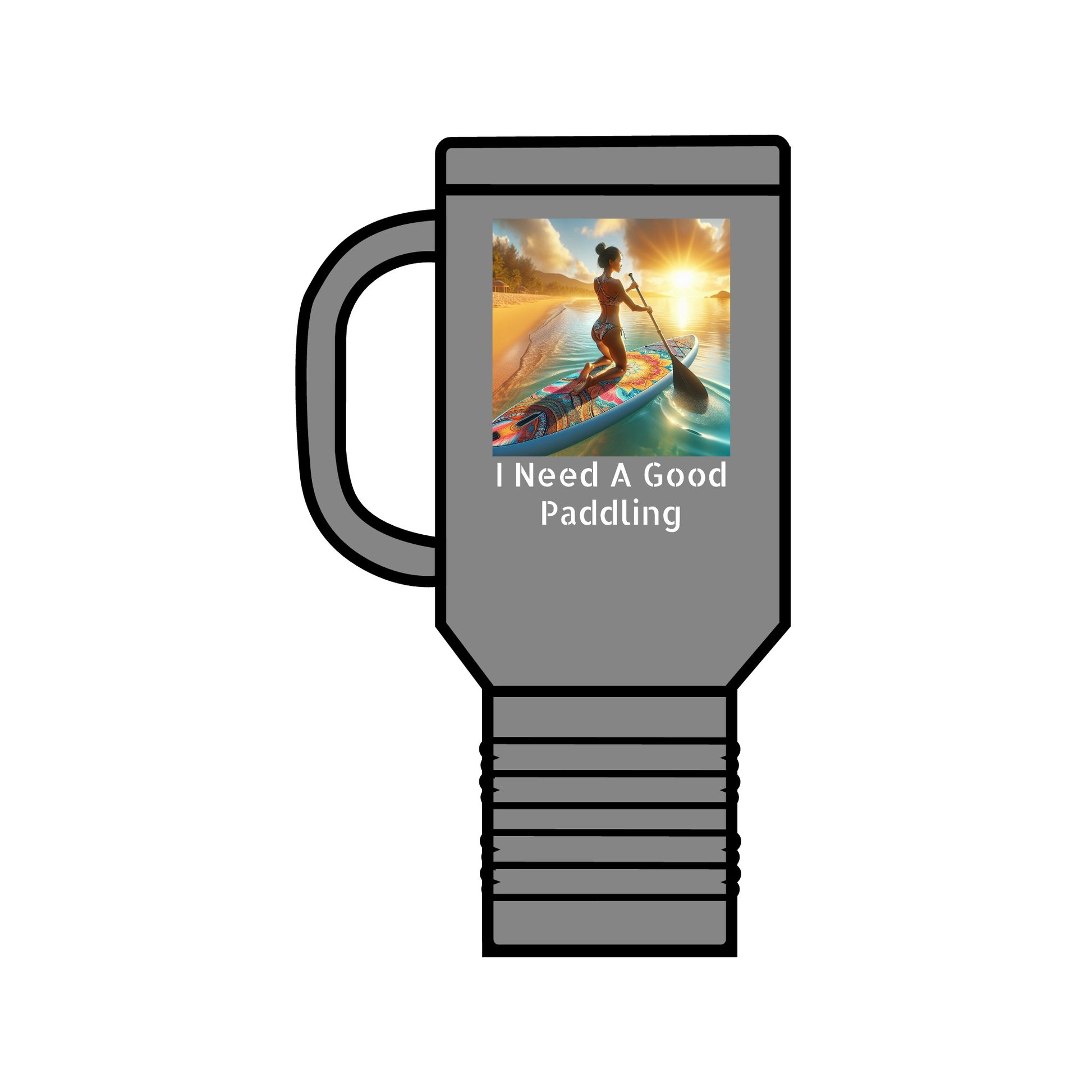Luxury Fantasy Paddleboarding Insulated Travel Mug in grey, embellished with a captivating paddleboarding image and the statement 'I Need A Good Paddling', perfect for sophisticated hydration.