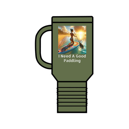 Fantasy Paddleboarding Insulated Travel Mug in olive green showcasing a stunning design with the slogan 'I Need A Good Paddling', perfect for outdoor enthusiasts and sophisticated hydration.