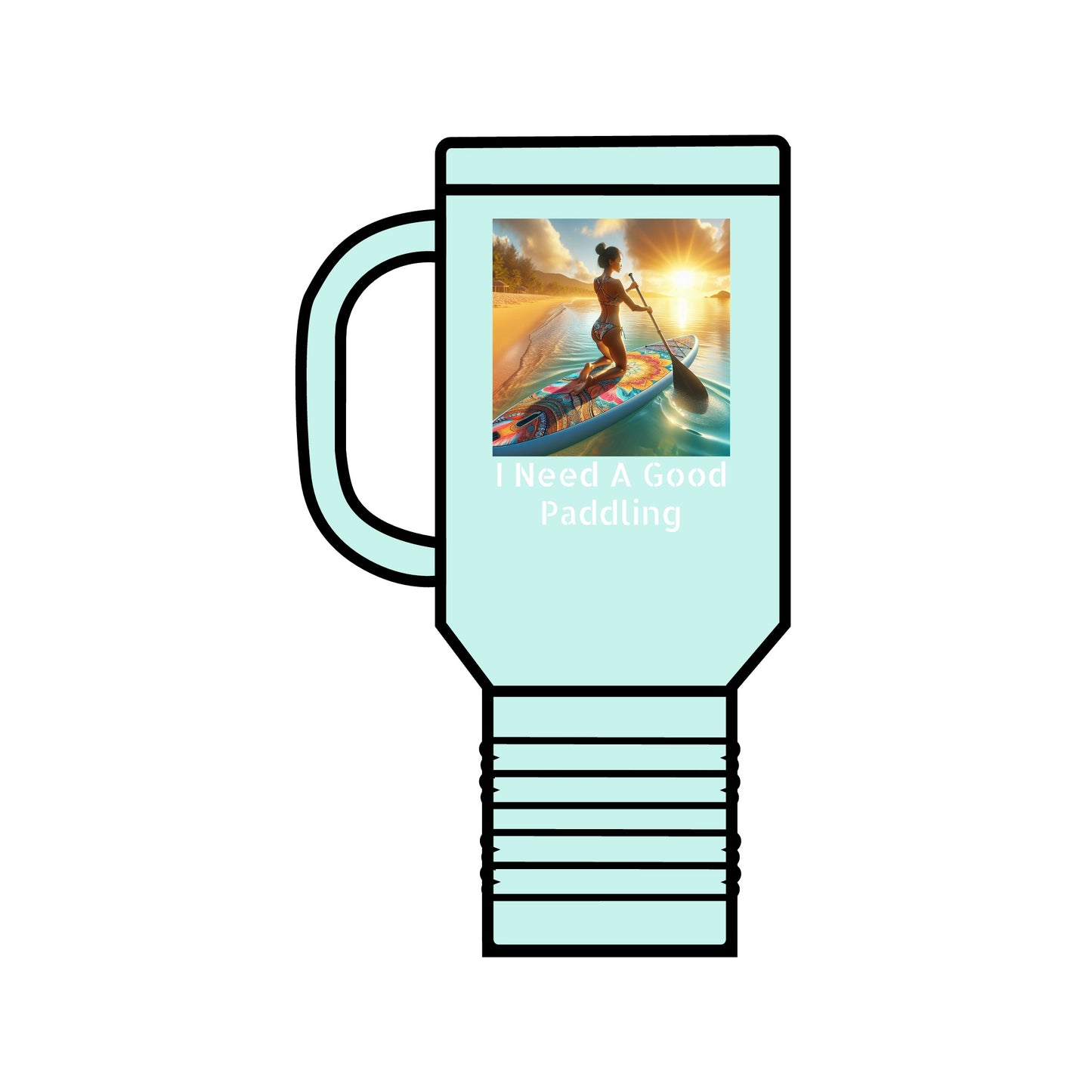 Luxury Fantasy Paddleboarding Insulated Travel Mug featuring a stunning design of a woman paddling at sunset, perfect for on-the-go hydration with a 40oz capacity and a leak-proof lid.