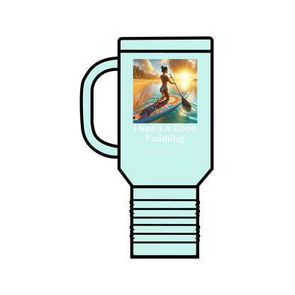Luxury Fantasy Paddleboarding Insulated Travel Mug featuring a stunning design of a woman paddling at sunset, perfect for on-the-go hydration with a 40oz capacity and a leak-proof lid.