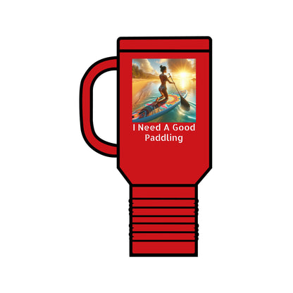 Elegant Fantasy Paddleboarding Insulated Travel Mug in striking red featuring a vibrant paddleboarding scene and the phrase 'I Need A Good Paddling', suitable for any style-conscious adventurer.