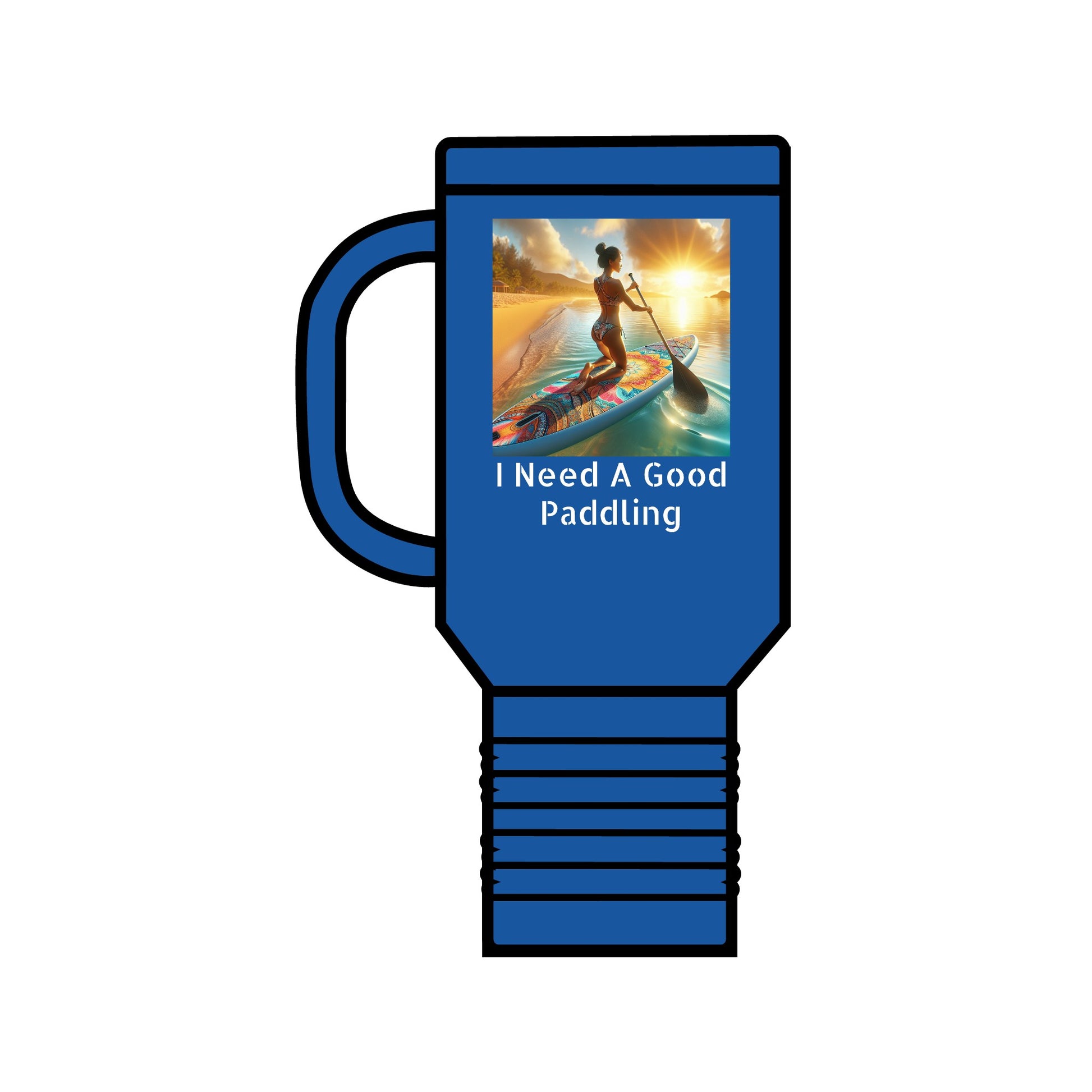Sophisticated Fantasy Paddleboarding Insulated Travel Mug in royal blue adorned with an exquisite design and 'I Need A Good Paddling', designed for those who appreciate style and functionality.