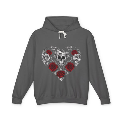 Trendy Unisex Lightweight Hooded Sweatshirt adorned with a bold skull and roses print, highlighted in a sleek interior.