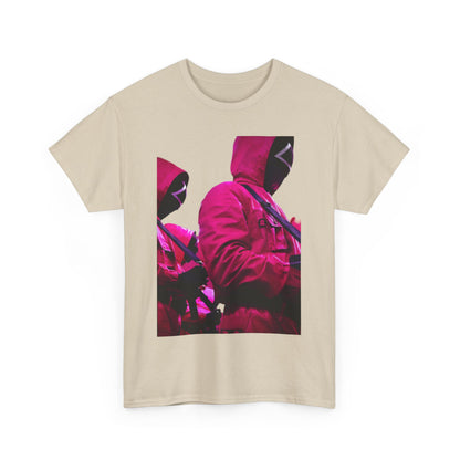 Showcasing the front view of the Squid Game Unisex Men's Women's Graphic Cotton Funny T-Shirt Tee, featuring striking imagery inspired by the popular series, designed for a fashion-forward audience.