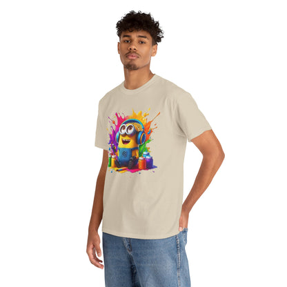 Model wearing the Men's Funny Minion Paint Splash T-Shirt, smiling and engaging with the viewer, highlighting the playful cartoon art design that features colourful paint splashes. Perfect for playful Minions enthusiasts. T Shirt, Funny, Minions.