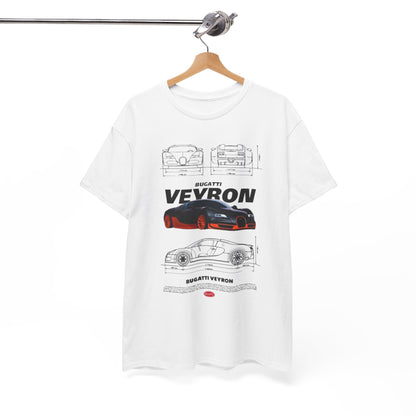 T-Shirt hanging on a stylish rack, featuring a Bugatti Veyron Design with intricate technical drawings, a must-have for high-end automotive fashion.